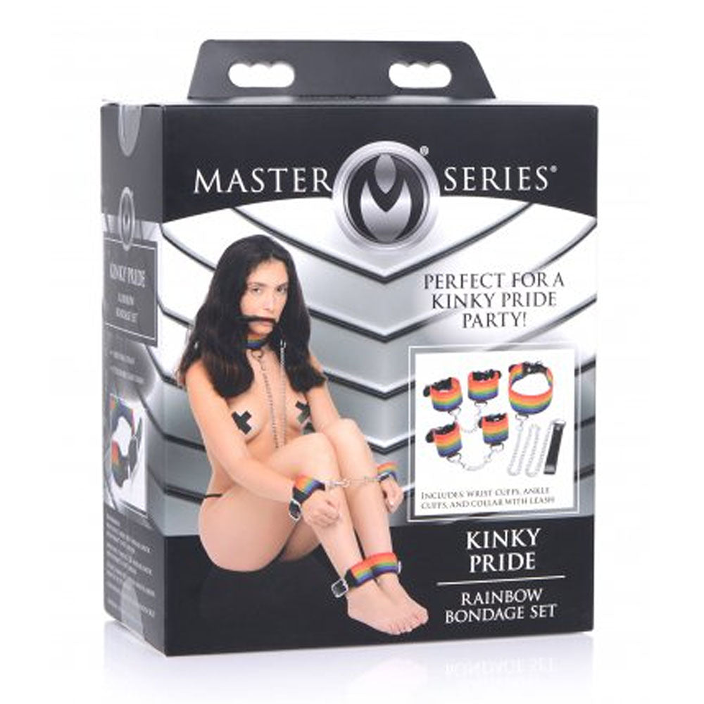 Master Series Kinky Pride Rainbow Bondage Set - Wrist & Ankle Cuffs & Collar w/Leash