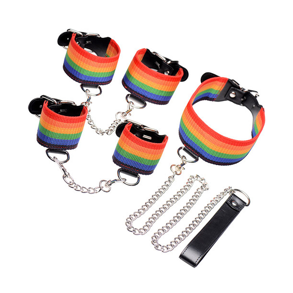 Master Series Kinky Pride Rainbow Bondage Set - Wrist & Ankle Cuffs & Collar w/Leash